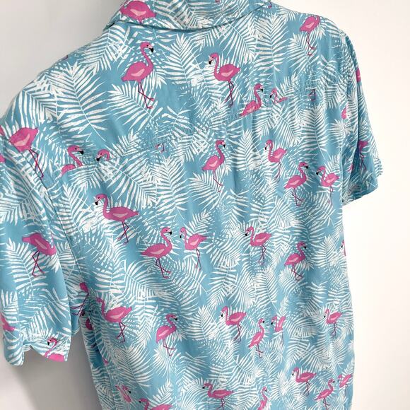 Margaritaville Mens Button Front Shirt Sz S Flamingo Palm Hawaii Aloha Blue Pink - Picture 6 of 8